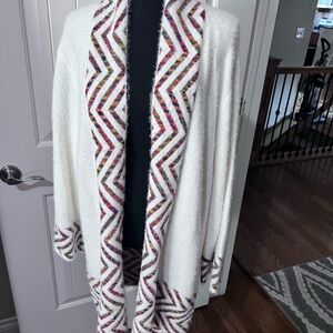 Women's Cream Cardigan with Multicolor Chevron Pattern